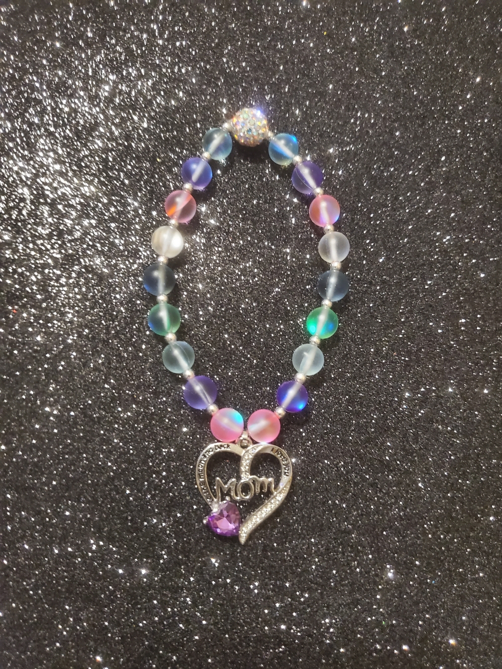 Mom Heart Charm Multicolor Frosted Bead Bracelet